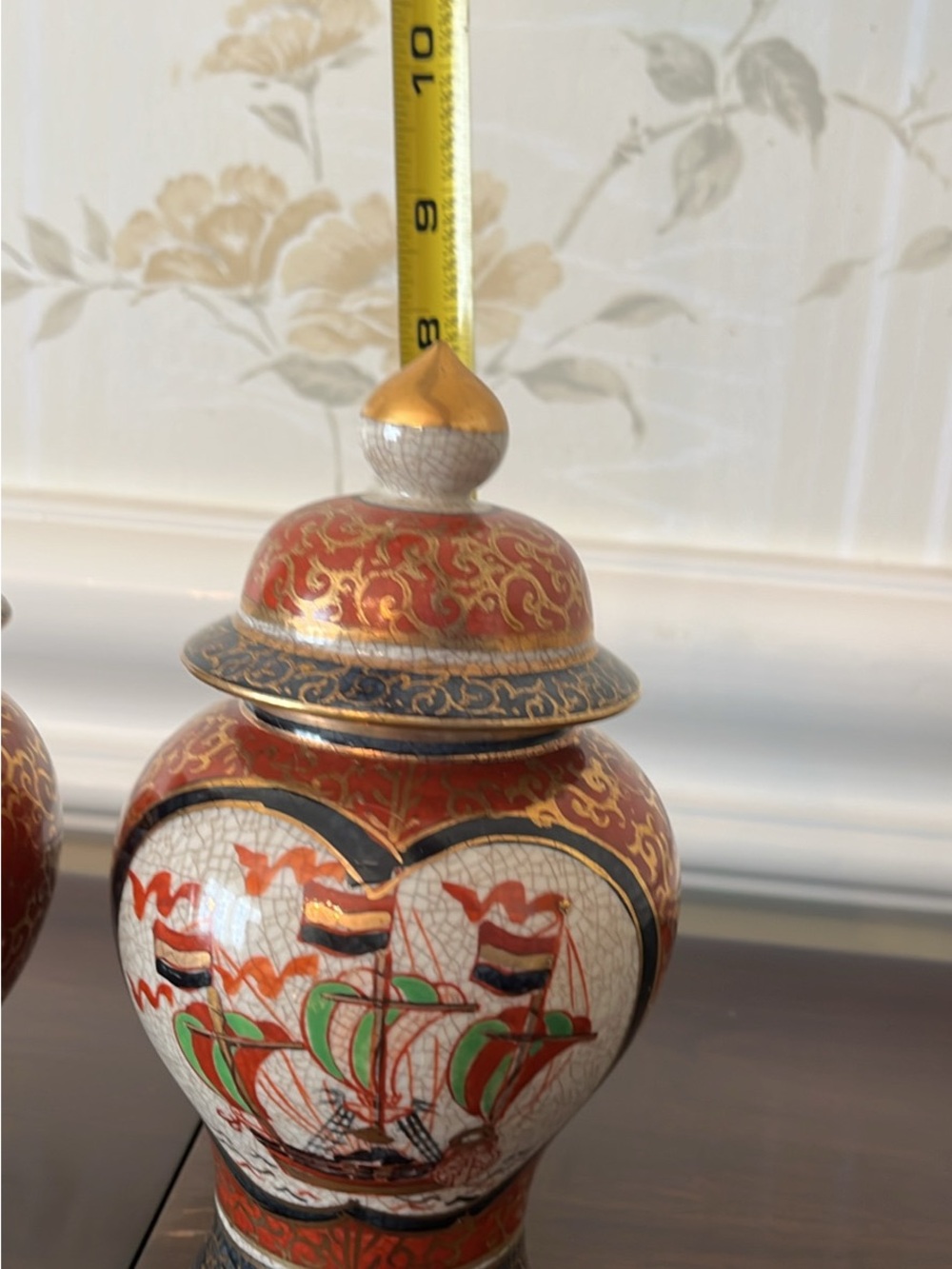 Pair of Decorative Red and Gold Lidded Ginger Jars with ships, 8” tall - Picture 2 of 2